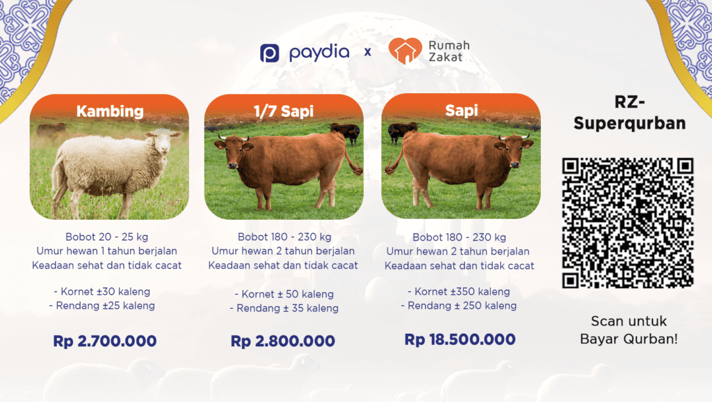 Pilihan Program Superqurban Paydia x Rumah Zakat: Kambing dan Sapi distribusi dalam kaleng kornet dan rendang, bayar pakai QRIS